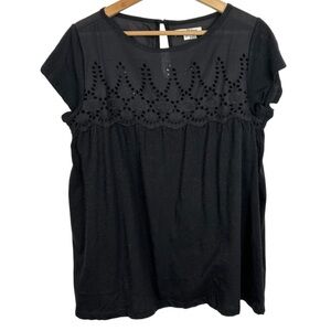 JACHS GIRLFRIEND 100% Cotton Eyelet Slub Top, Black, Size Small